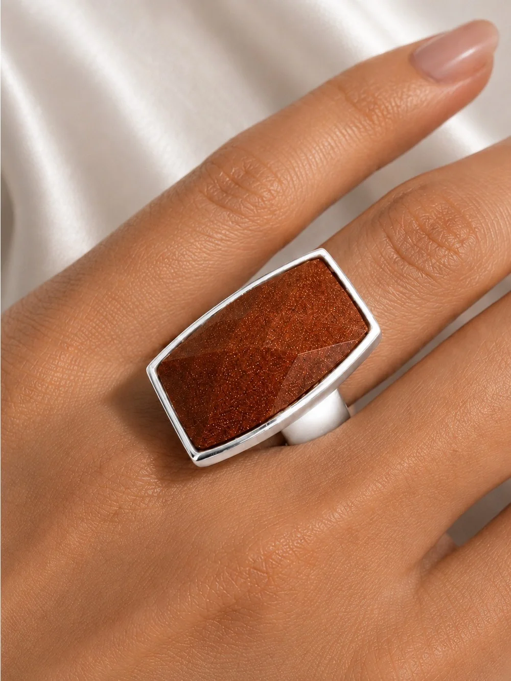 Estate Elle Sterling Silver Sandstone Ring with Signature Ruby 925